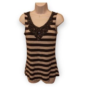 Bobeau Brown and White Striped Tank Top Rhinestones, Small